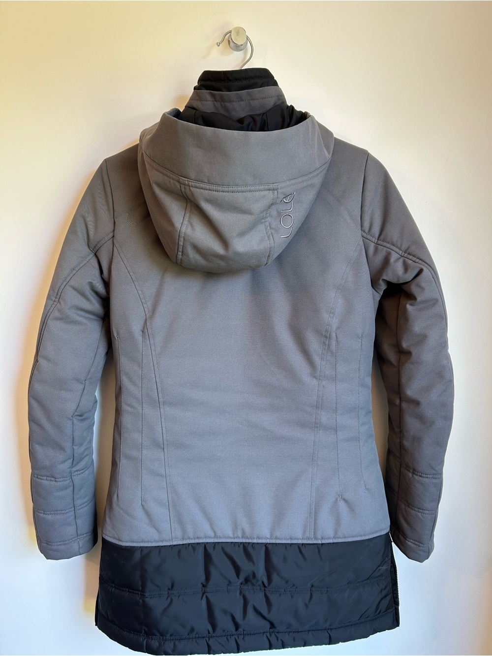 Lolë Montreal Live Out Loud Hybrid Hooded Mid-Length Jacket Coat Grey Black XS - Picture 2 of 12